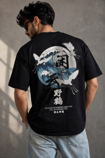 Bushido Crane Wave oversized t-shirt by Slackroid Marketplace, featuring Japanese-inspired crane and wave artwork on premium 100% cotton fabric for bold streetwear style.