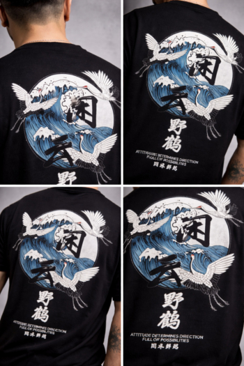 Bushido Crane Wave oversized t-shirt by Slackroid Marketplace, featuring Japanese-inspired crane and wave artwork on premium 100% cotton fabric for bold streetwear style.
