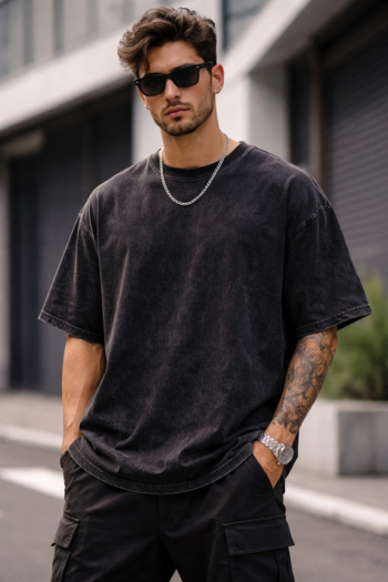 Trendy acid wash oversized t-shirt for men by Slackroid Marketplace, crafted with premium 250 GSM cotton for a bold streetwear look and all-day comfort.