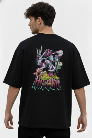Stylish black recycled cotton t-shirt by Slackroid Marketplace featuring a bold anime back print, crafted in 220 GSM fabric for sustainable streetwear fashion.