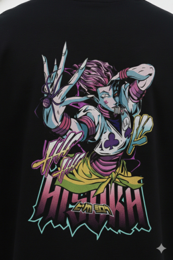 Stylish black recycled cotton t-shirt by Slackroid Marketplace featuring a bold anime back print, crafted in 220 GSM fabric for sustainable streetwear fashion.