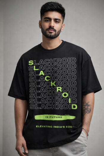 Slackroid Future Stack oversized t-shirt featuring bold stacked typography with neon green highlights, crafted in premium 100% cotton (200 GSM) for modern streetwear style.