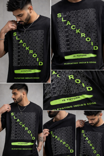 Slackroid Future Stack oversized t-shirt featuring bold stacked typography with neon green highlights, crafted in premium 100% cotton (200 GSM) for modern streetwear style.