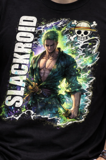 Eco-friendly black anime printed t-shirt by Slackroid Marketplace, made from recycled cotton 220 GSM fabric for sustainable comfort and bold streetwear style.