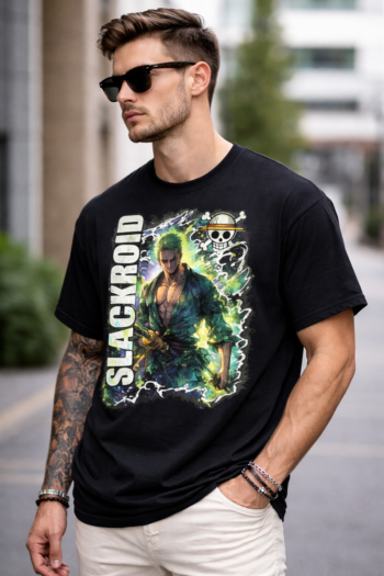 Eco-friendly black anime printed t-shirt by Slackroid Marketplace, made from recycled cotton 220 GSM fabric for sustainable comfort and bold streetwear style.