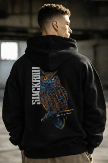 Slackroid Black Owl Print Hoodie for Men – Stylish Streetwear Back Design